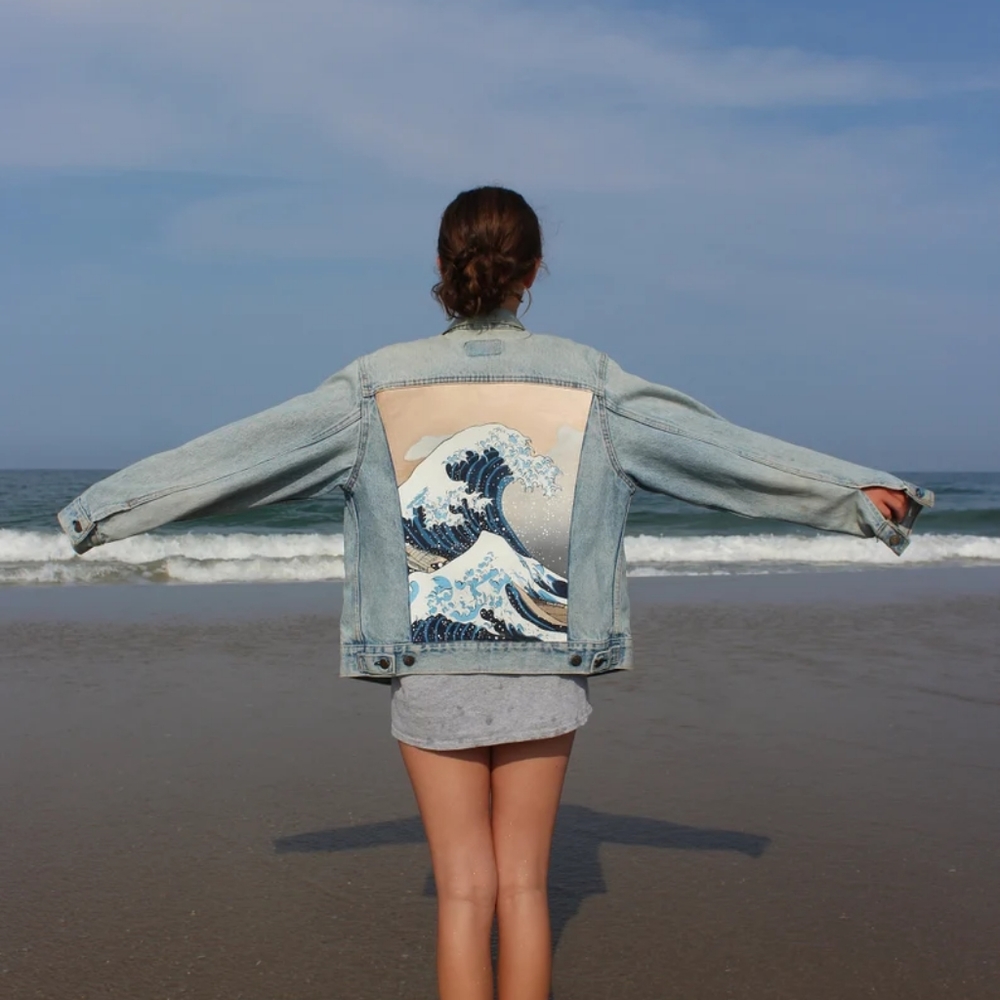 Custom hand painted Great Wave denim jacket